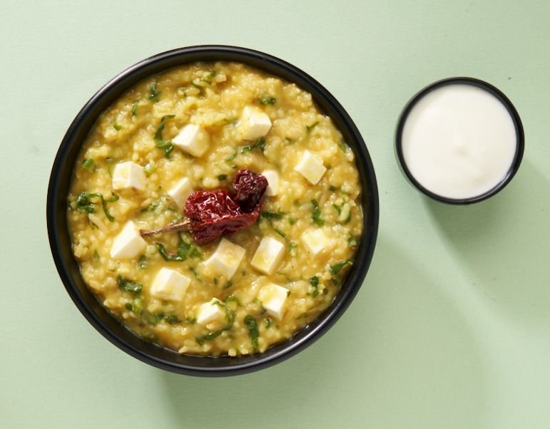 High Protein Paneer Palak Dal Khichdi with Curd